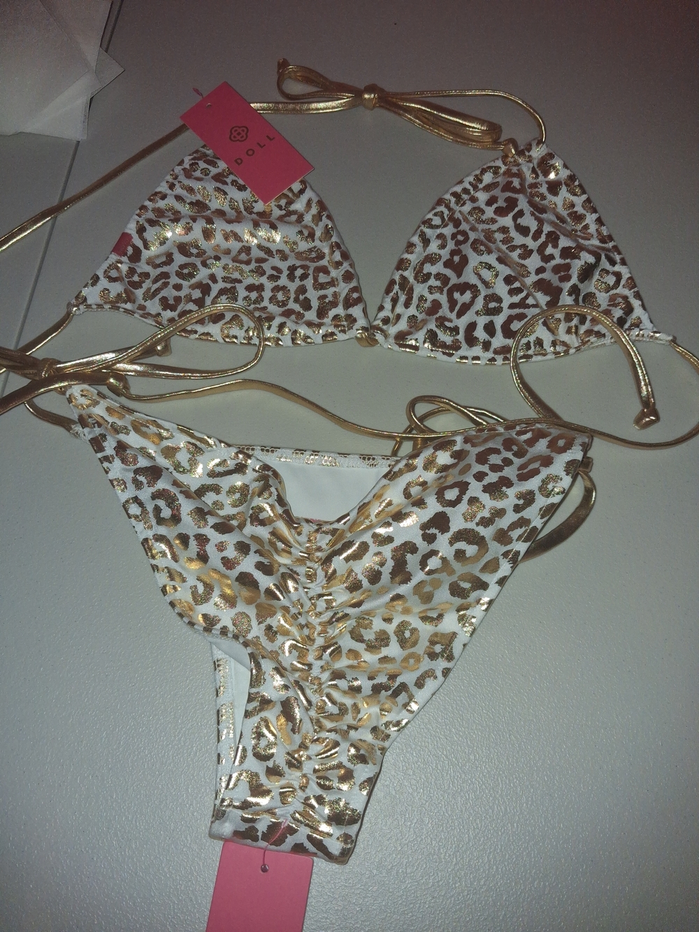 DOLL Swimwear White & Gold Metallic Leopard Bikini NWT - M Top / S Bottom